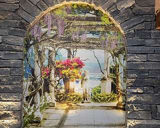 Ein Wandbild mit Blumen und einer Statue in einem Steinbogen.
